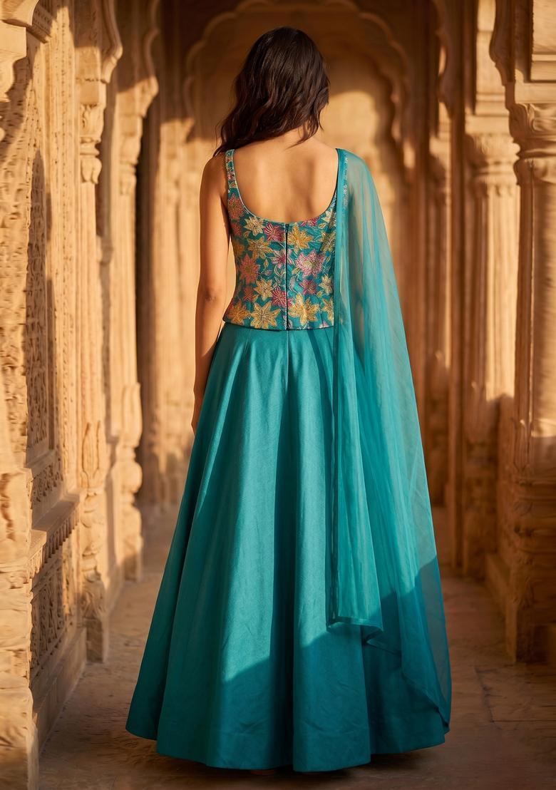 Teal Printed Crepe Lehenga Set - Indya