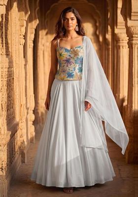 Off White Printed Crepe Lehenga Set