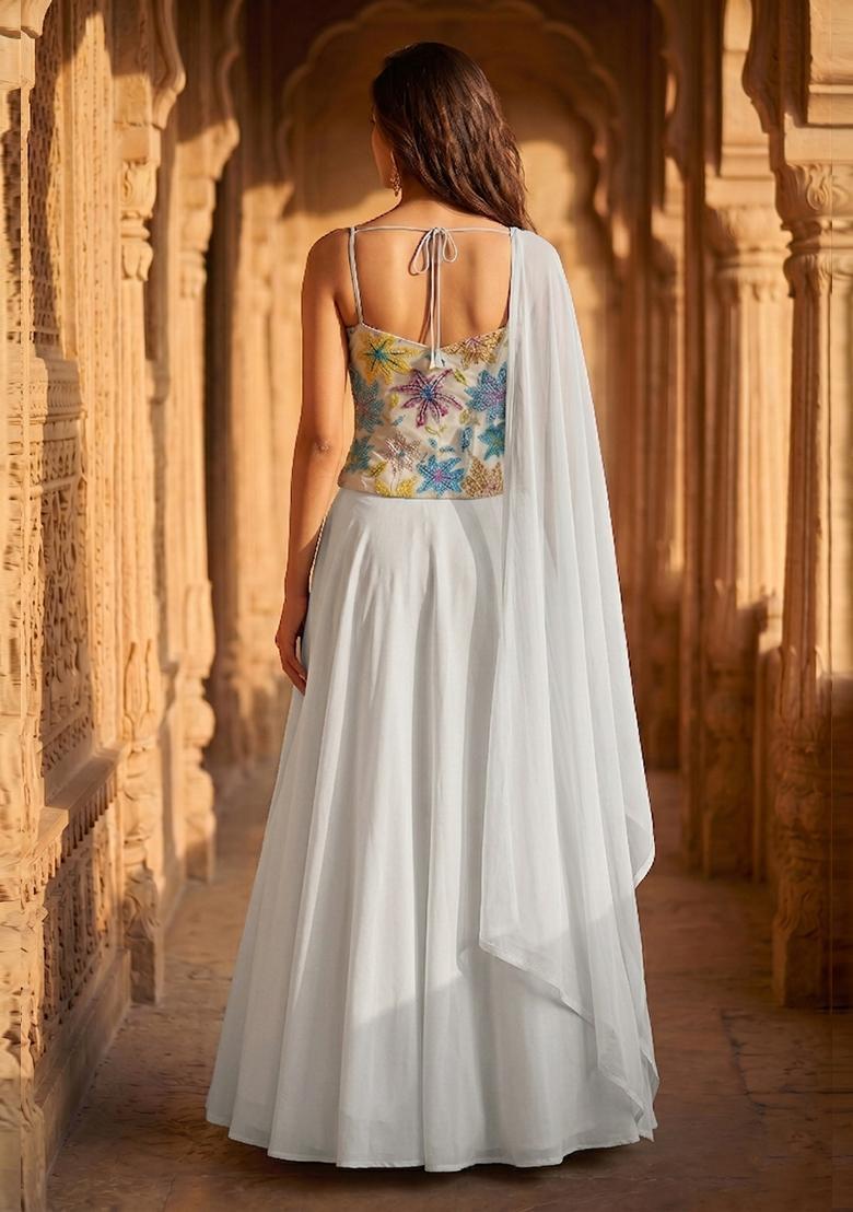 Off White Printed Crepe Lehenga Set - Indya