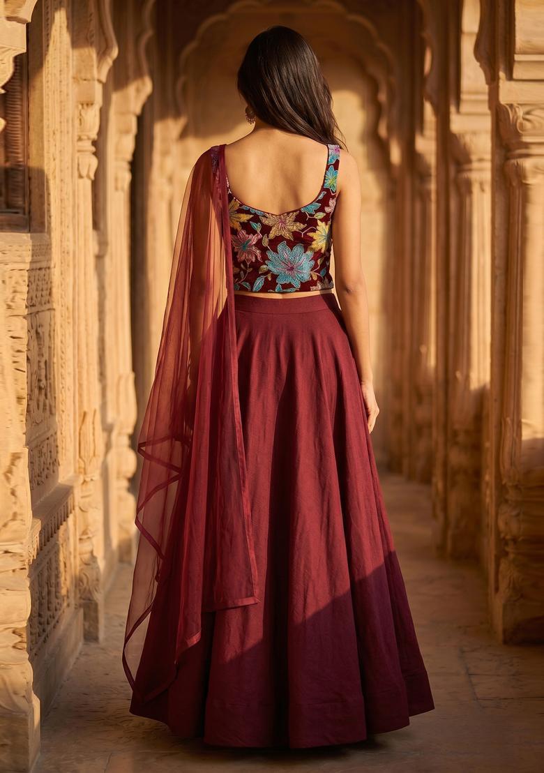 Maroon Printed Crepe Lehenga Set - Indya