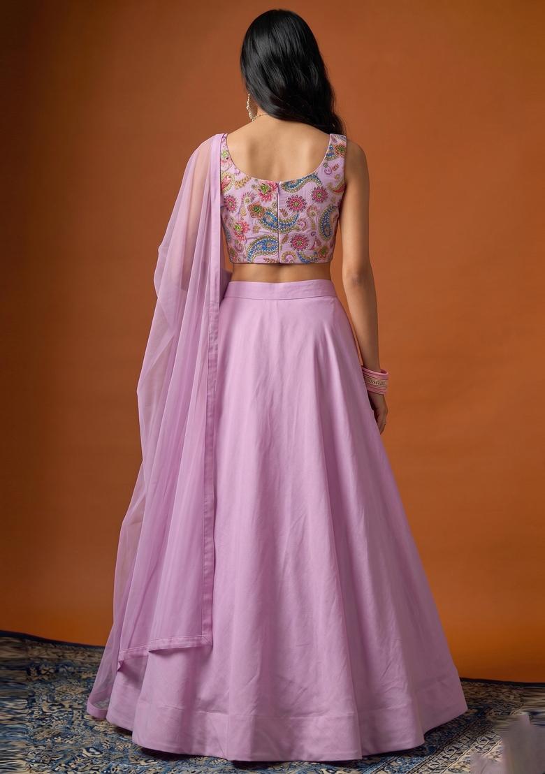 Pastel Pink Printed Crepe Lehenga Set - Indya