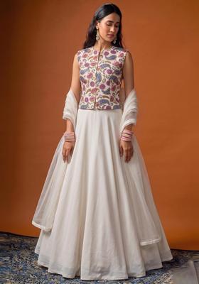 White Printed Crepe Lehenga Set