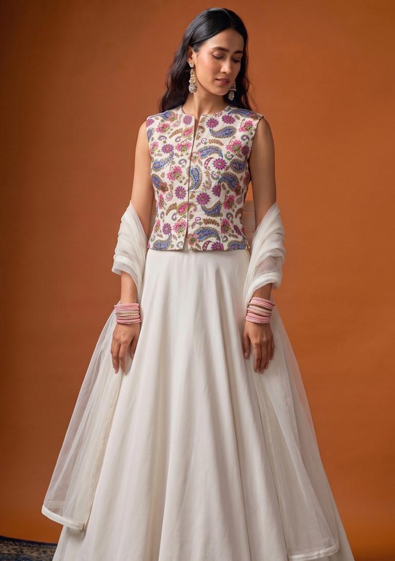 White Printed Crepe Lehenga Set - Indya