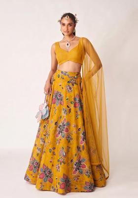 Mustard Yellow Printed Organza Lehenga Set