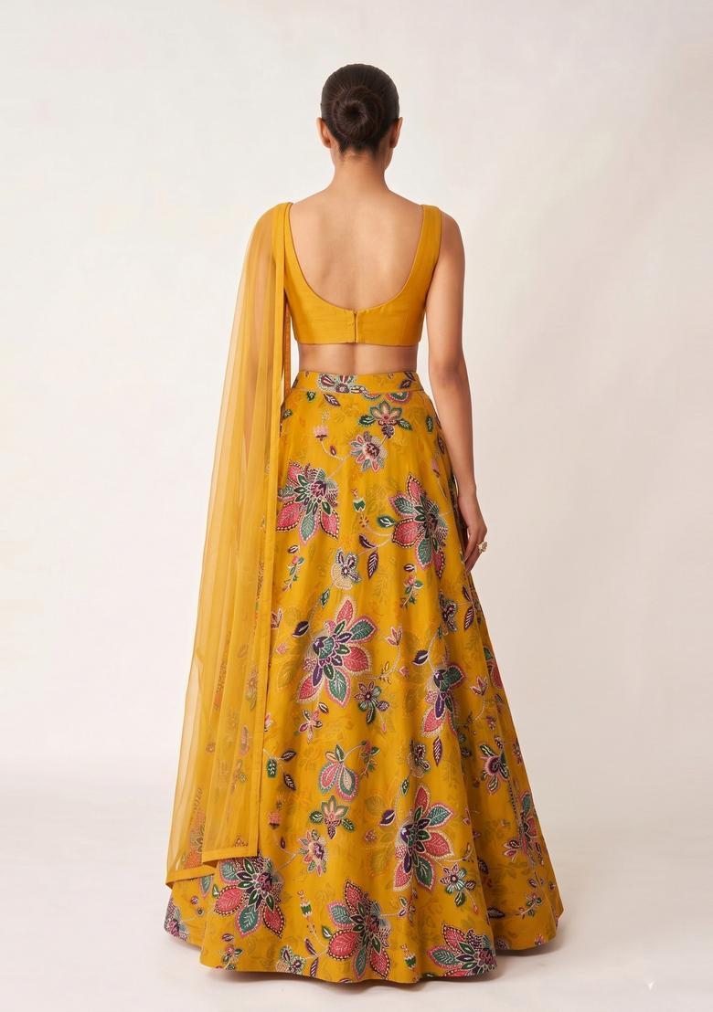 Mustard Yellow Printed Organza Lehenga Set - Indya