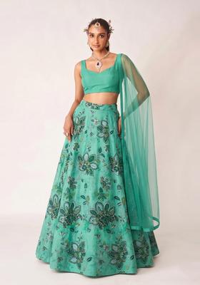 Sea Green Printed Organza Lehenga Set