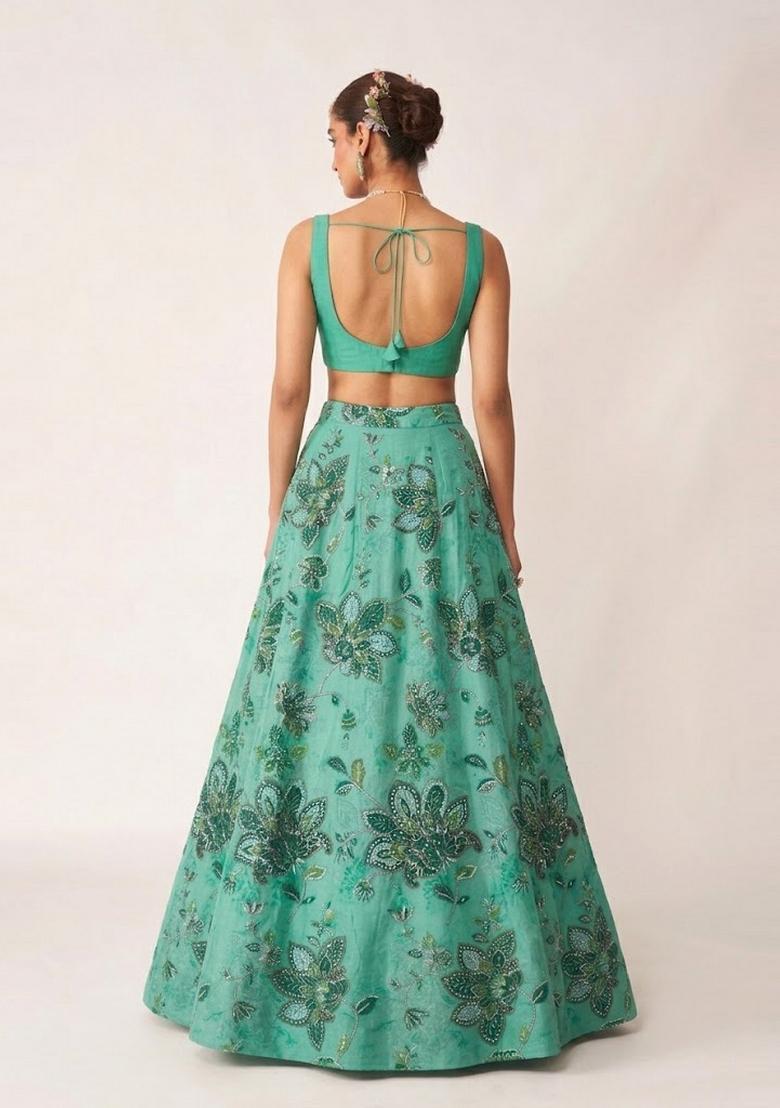 Sea Green Printed Organza Lehenga Set - Indya