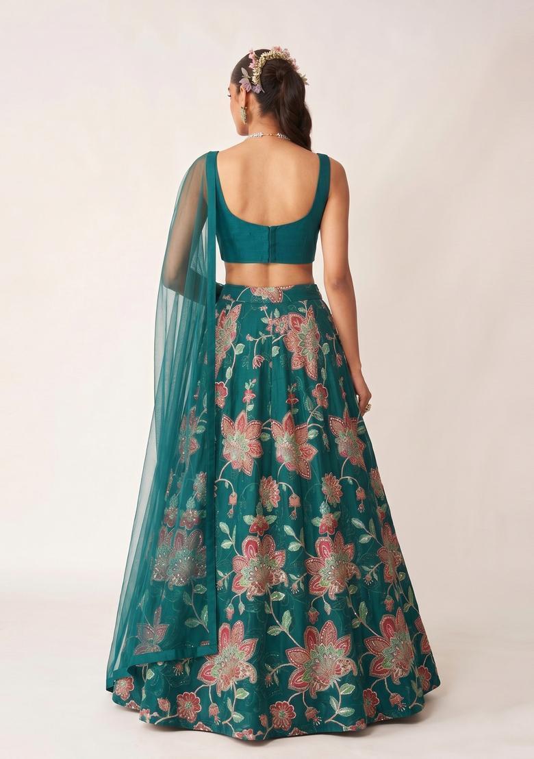 Teal Green Printed Organza Lehenga Set - Indya