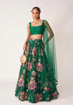 Emerald Green Printed Organza Lehenga Set