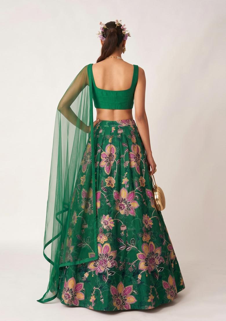 Emerald Green Printed Organza Lehenga Set - Indya