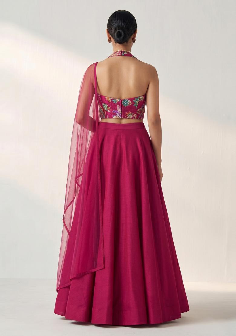 Magenta Printed Crepe Lehenga Set - Indya
