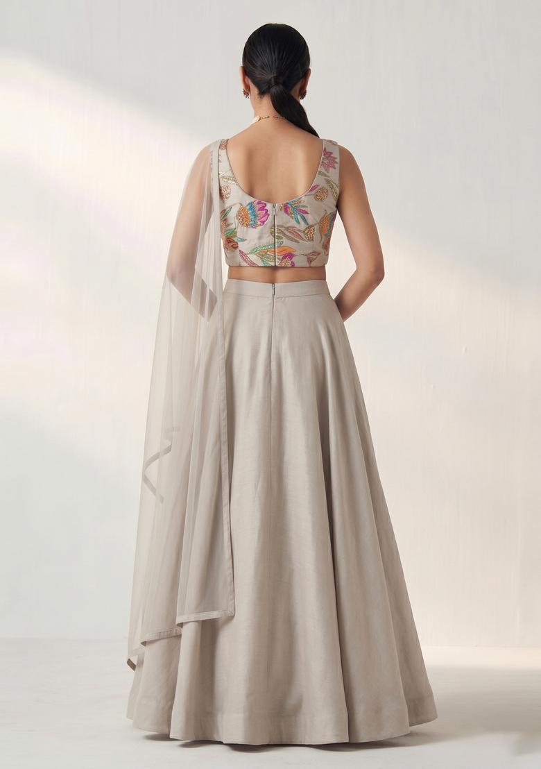 Grey Printed Crepe Lehenga Set - Indya