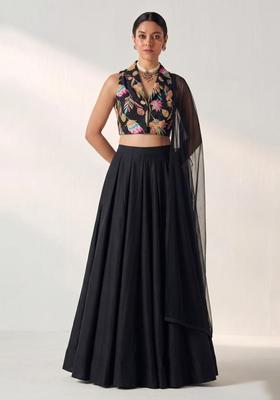 Black Printed Crepe Lehenga Set