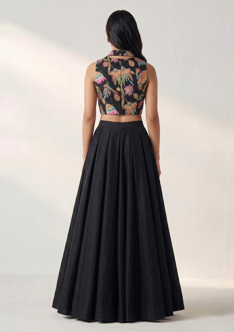 Black Printed Crepe Lehenga Set - Indya