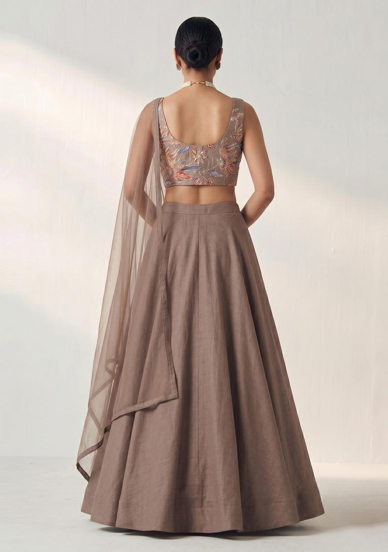Brown Printed Crepe Lehenga Set - Indya