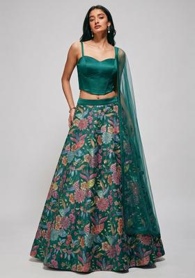 Bottle Green Printed Crepe Lehenga Set