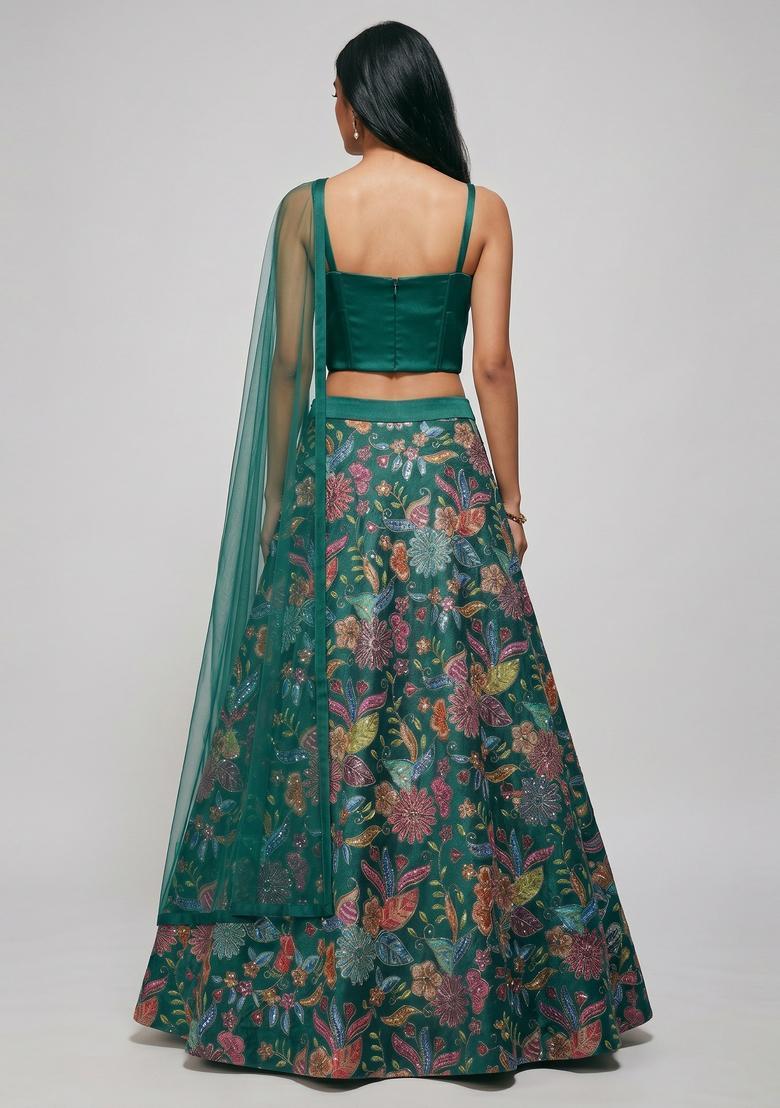 Bottle Green Printed Crepe Lehenga Set - Indya