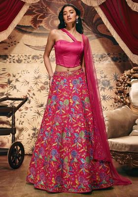 Fuchsia Printed Crepe Lehenga Set