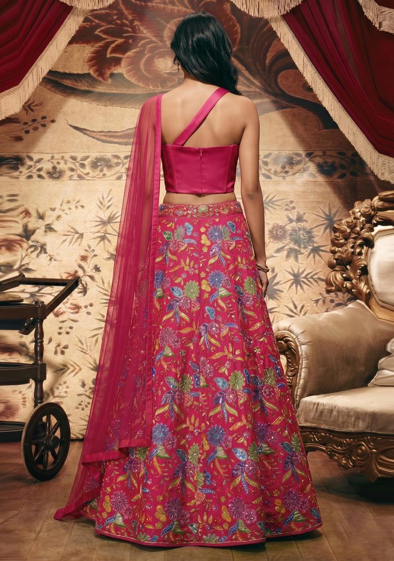 Fuchsia Printed Crepe Lehenga Set - Indya