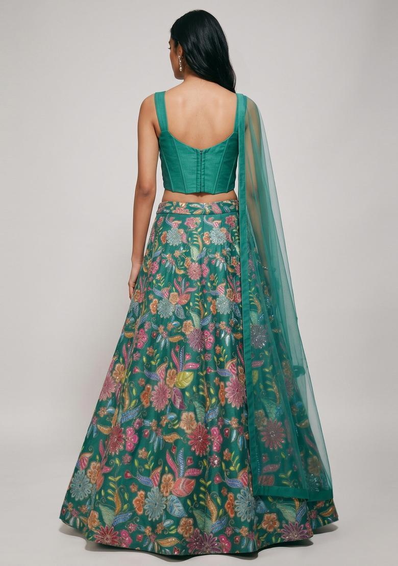 Emerald Green Printed Crepe Lehenga Set - Indya
