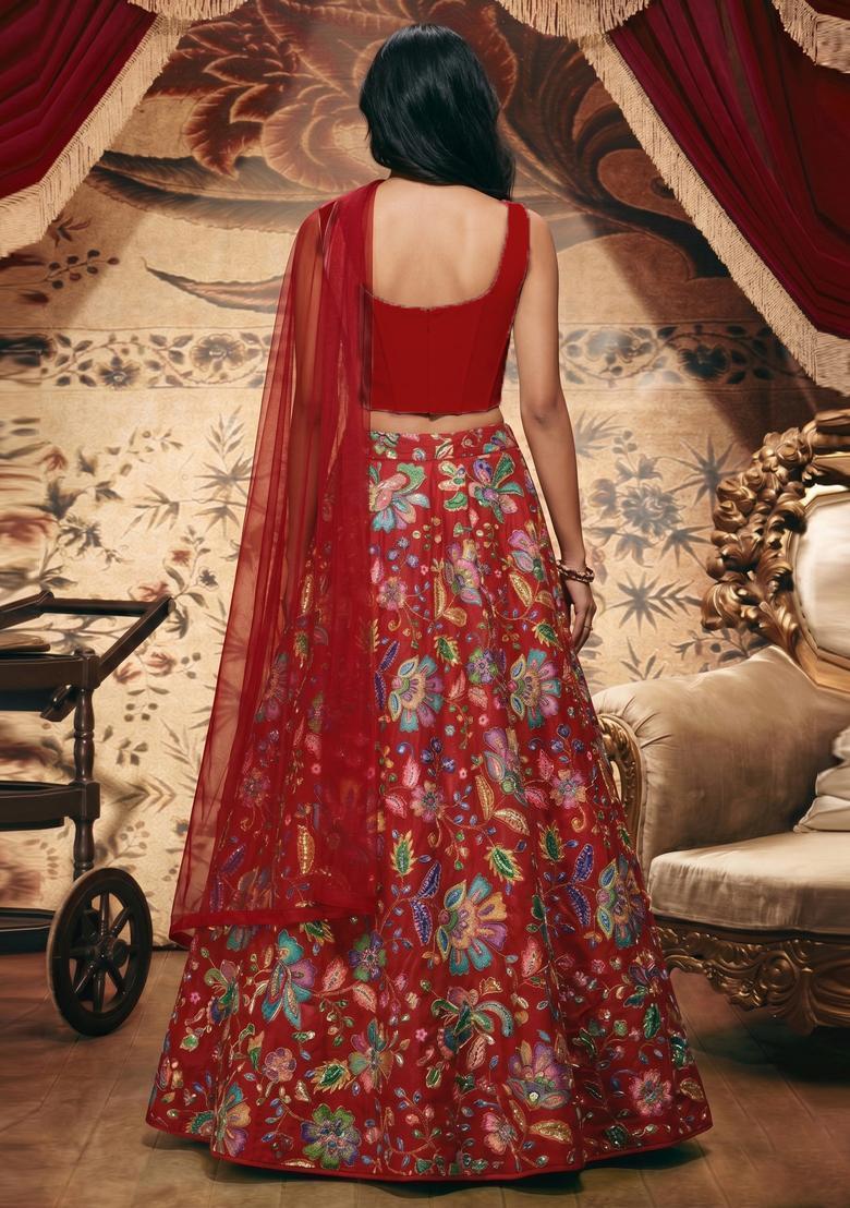 Crimson Red Printed Crepe Lehenga Set - Indya