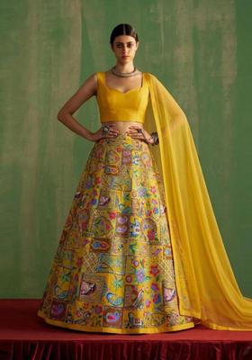 Yellow Printed Crepe Lehenga Set