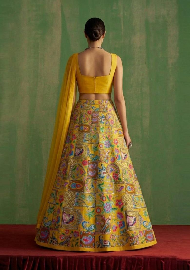Yellow Printed Crepe Lehenga Set - Indya