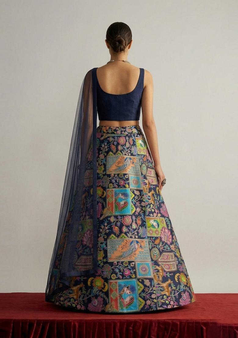 Navy Blue Printed Crepe Lehenga Set - Indya