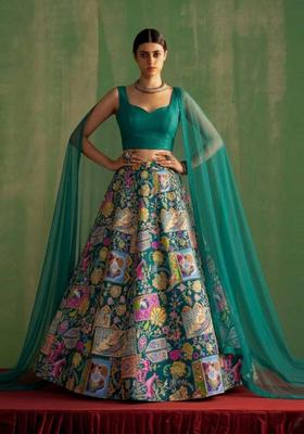 Emerald Green Printed Crepe Lehenga Set