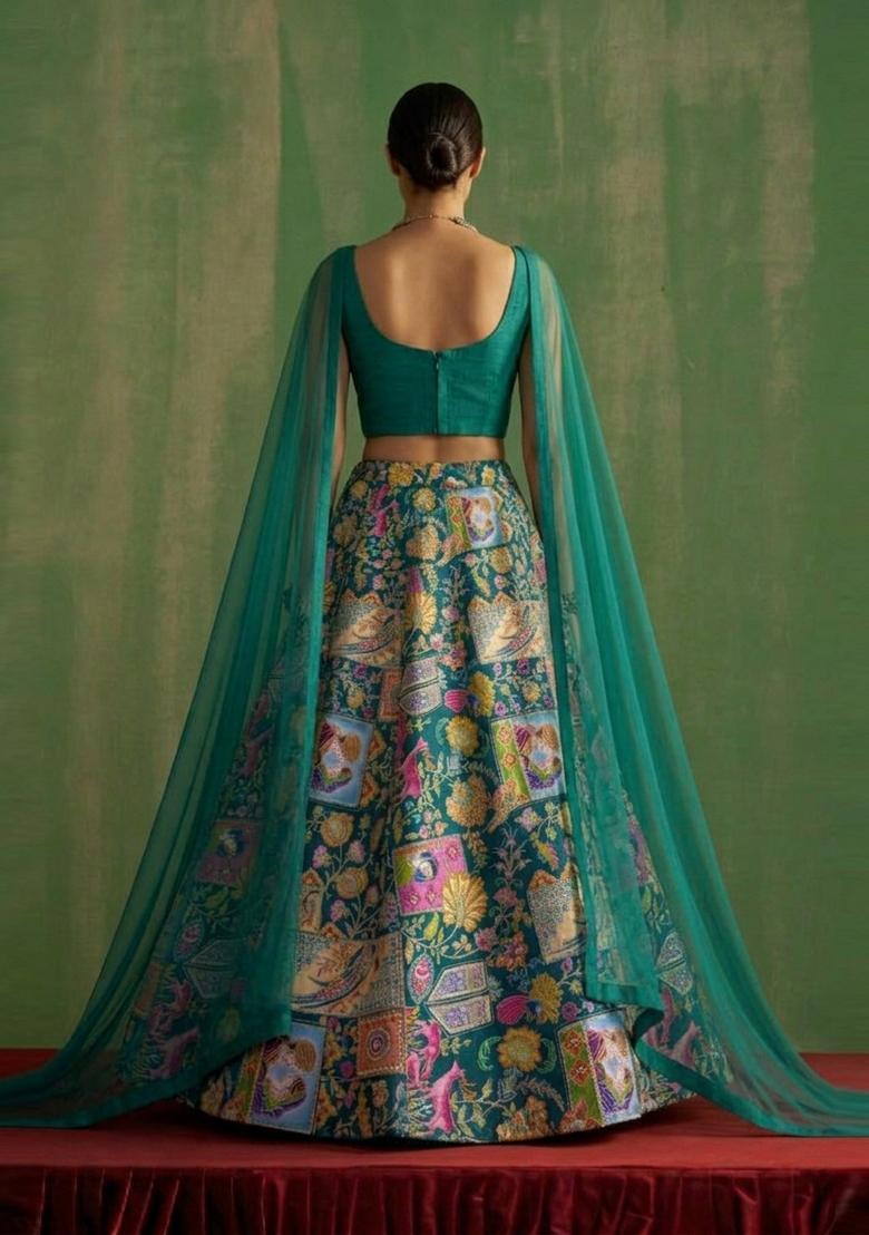 Emerald Green Printed Crepe Lehenga Set - Indya