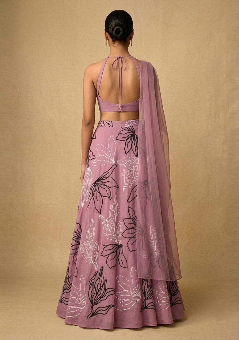 Mauve Pink Embroidered Chanderi Lehenga Set - Indya