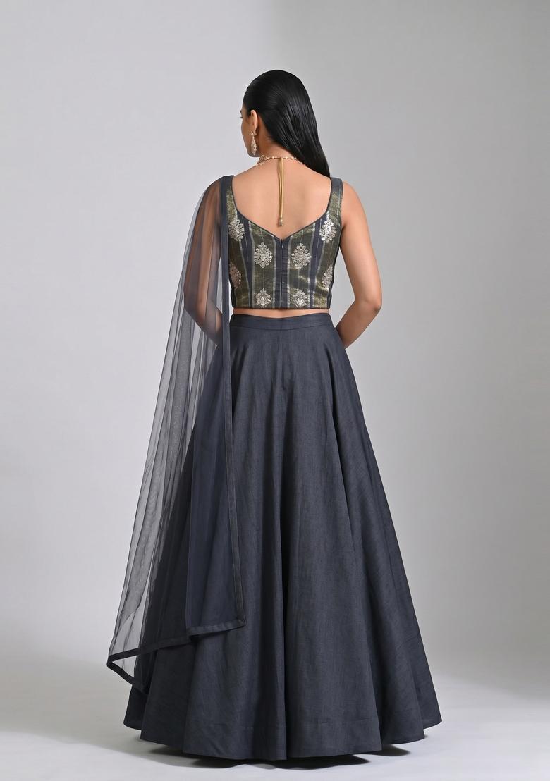 Charcoal Grey Tissue Lehenga Set - Indya