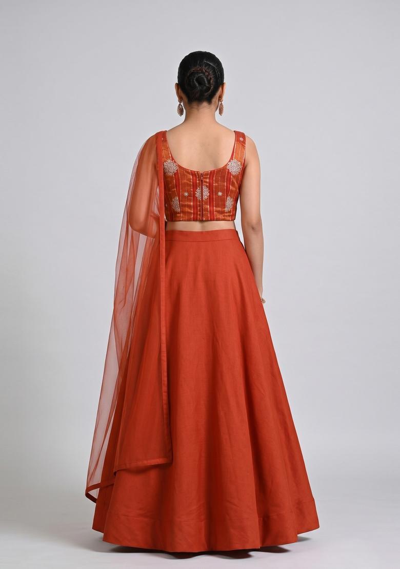 Rust Orange Tissue Lehenga Set - Indya