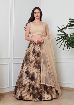 Beige Printed Crepe Lehenga Set
