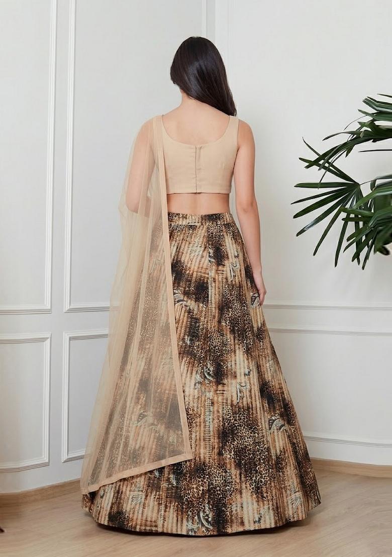 Beige Printed Crepe Lehenga Set - Indya