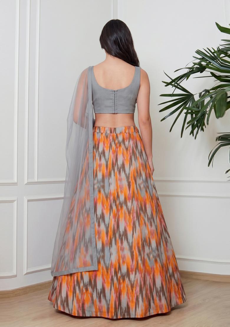 Grey Printed Crepe Lehenga Set - Indya