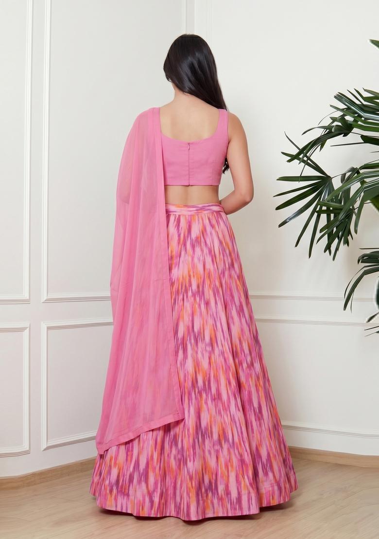 Rose Pink Printed Crepe Lehenga Set - Indya
