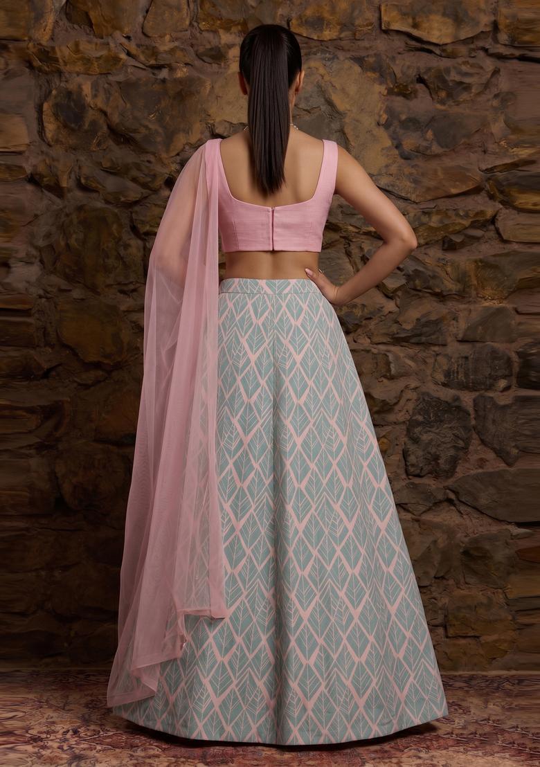 Pastel Pink Printed Crepe Lehenga Set - Indya
