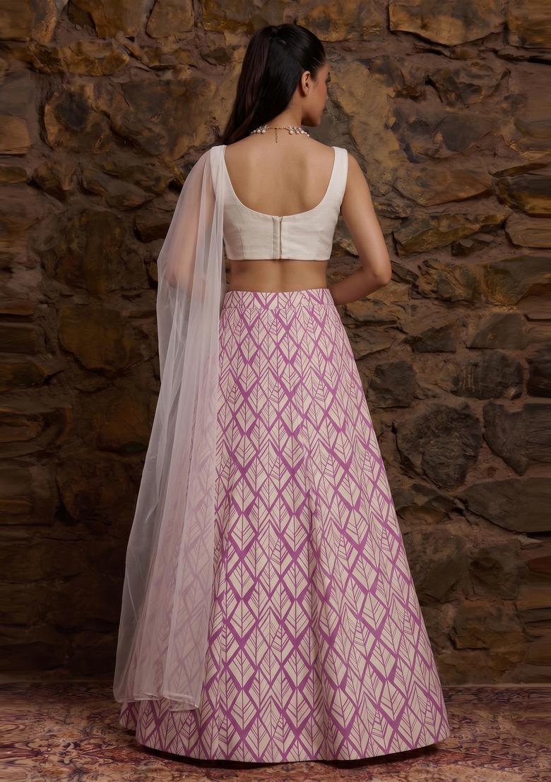 Lavender Printed Crepe Lehenga Set - Indya