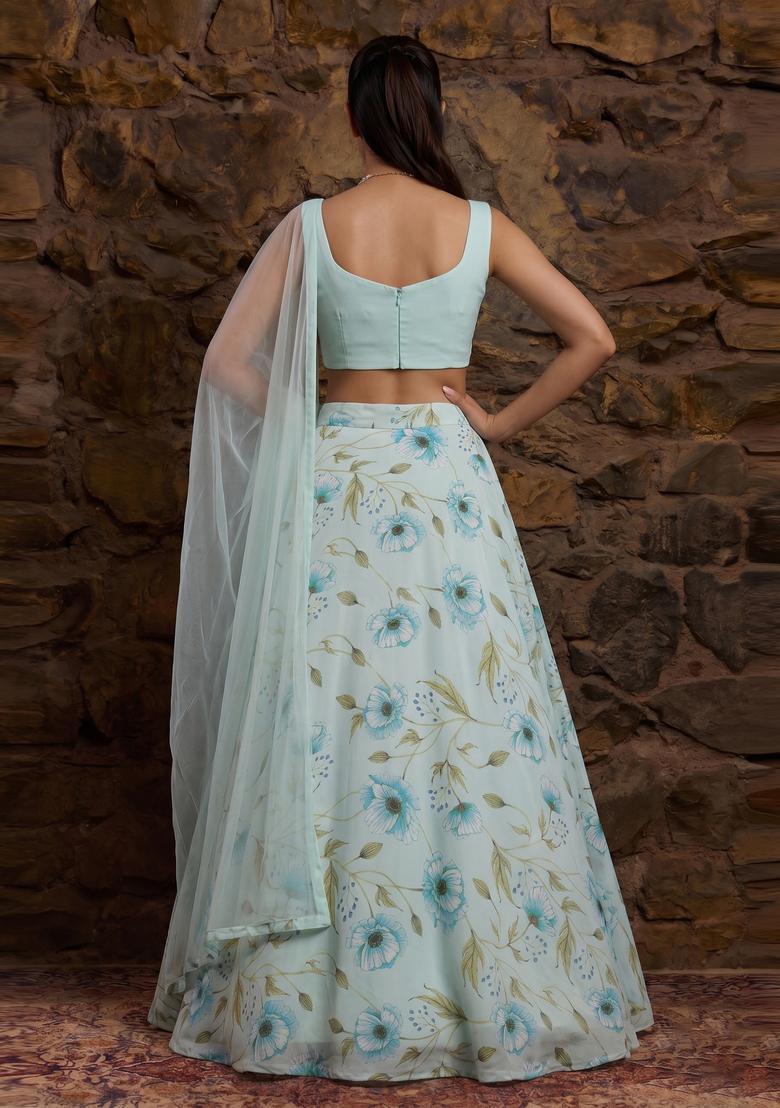 Mint Blue Printed Crepe Lehenga Set - Indya