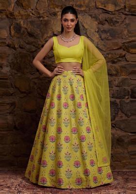 Yellow Printed Crepe Lehenga Set