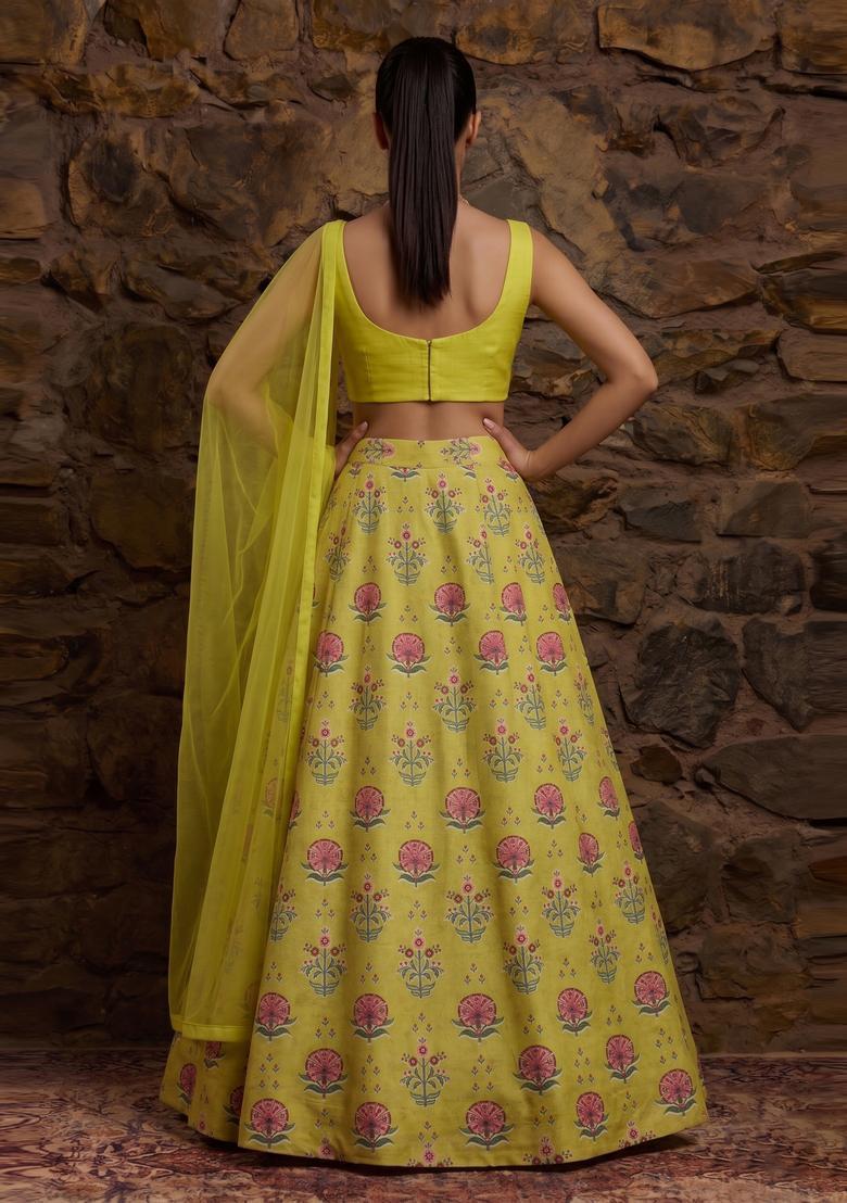 Yellow Printed Crepe Lehenga Set - Indya