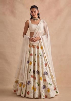 Off-White Printed Silk Blend Lehenga Set