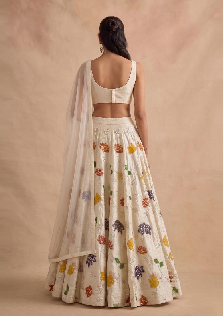 Off-White Printed Silk Blend Lehenga Set - Indya