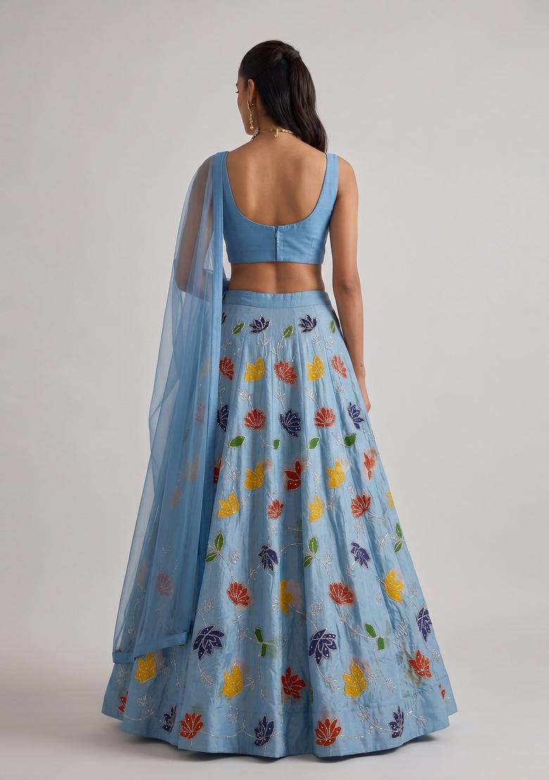 Powder Blue Embroidered Lehenga Set - Indya