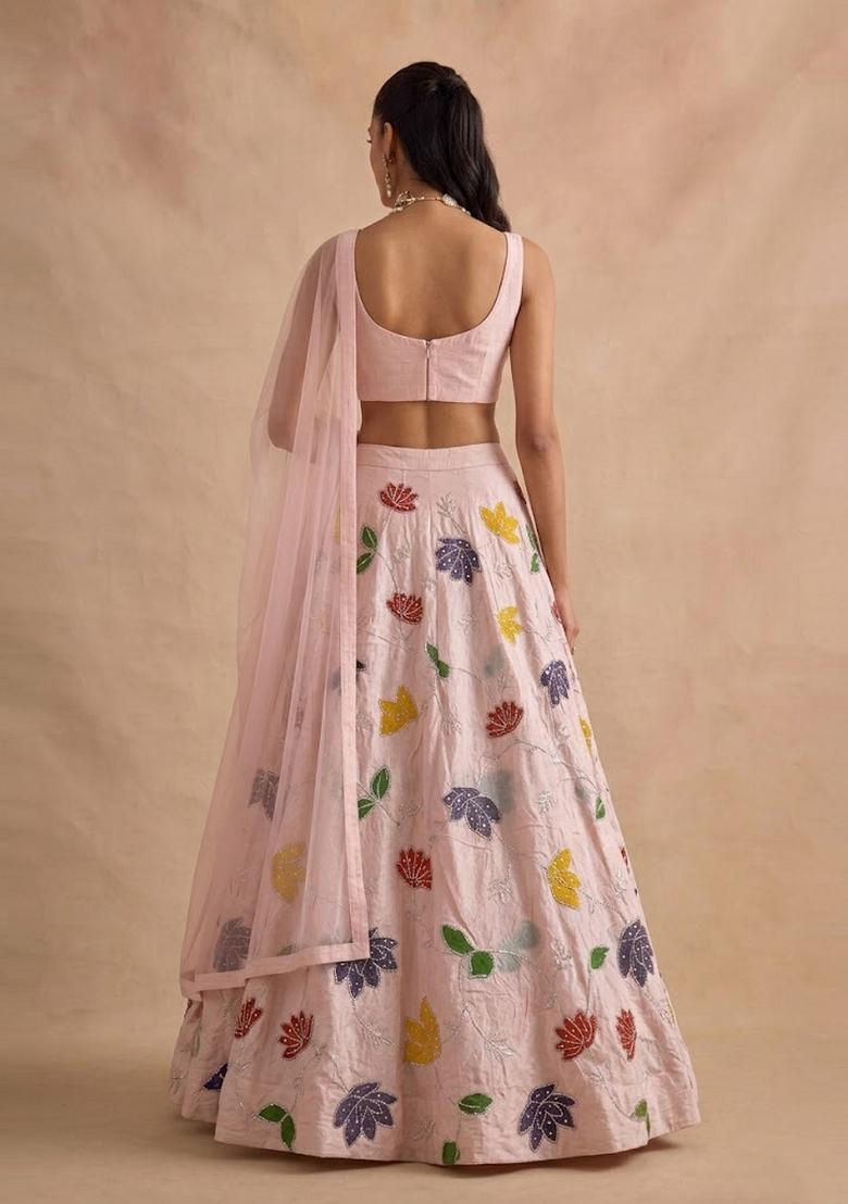 Pastel Pink Embroidered Lehenga Set - Indya