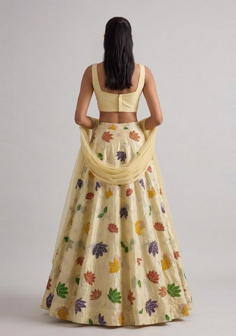 Light Yellow Embroidered Lehenga Set - Indya