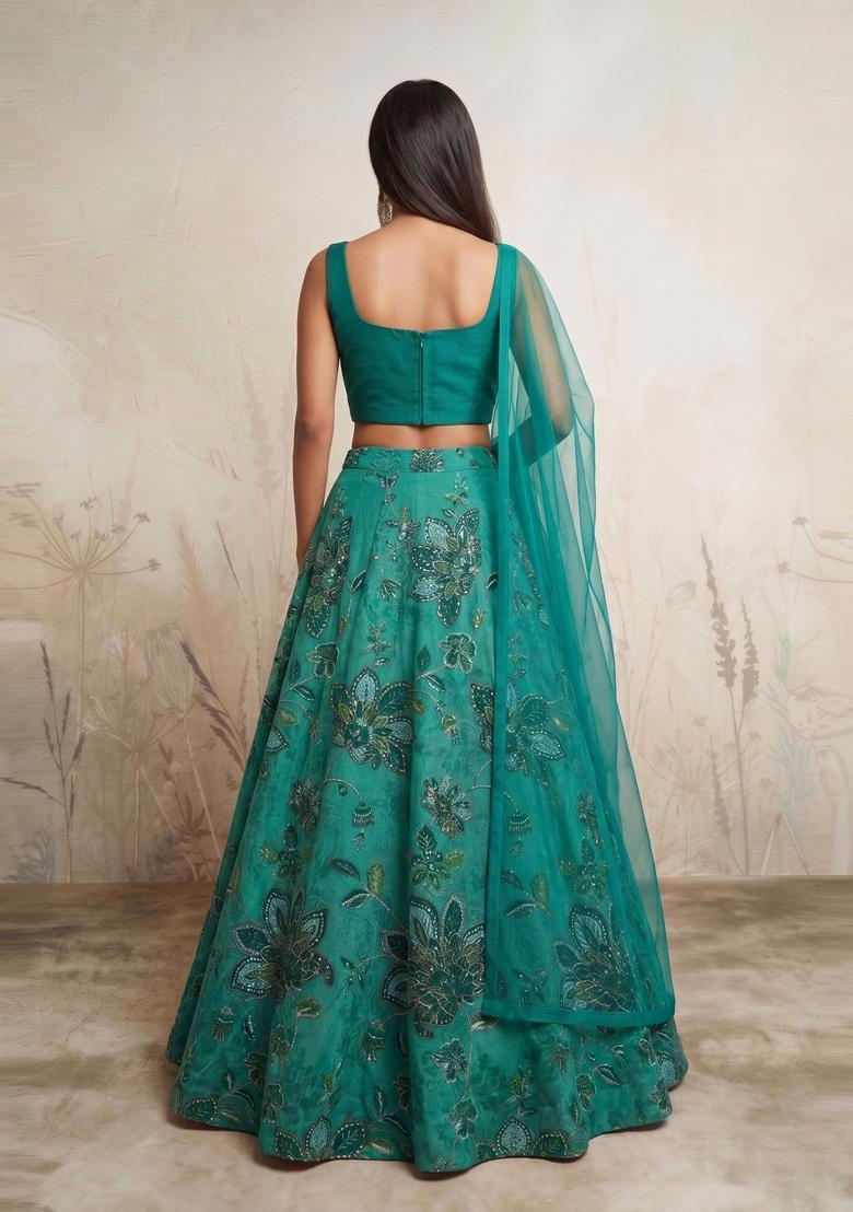 Emerald Green Printed Organza Lehenga Set - Indya