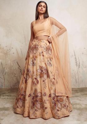 Peach Printed Organza Lehenga Set