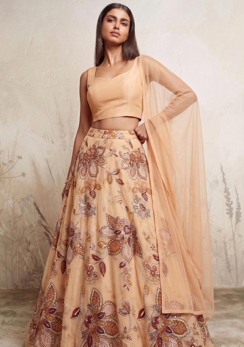 Peach Printed Organza Lehenga Set - Indya